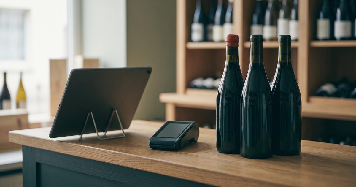 Comptoir d'une cave à vin indépendante avec une tablette de caisse posée près des bouteilles et des rayonnages en arrière-plan